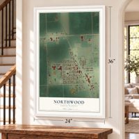 Northwood, North Dakota map, 24 x 36 inch print in a white frame by a staircase