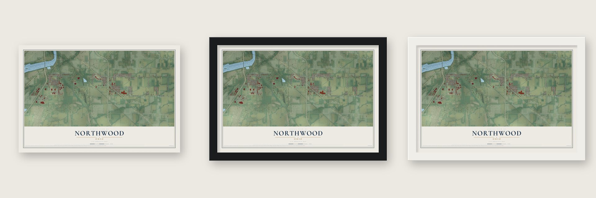 Northwood, Ohio map unframed, in a black wood frame and in a white wood frame