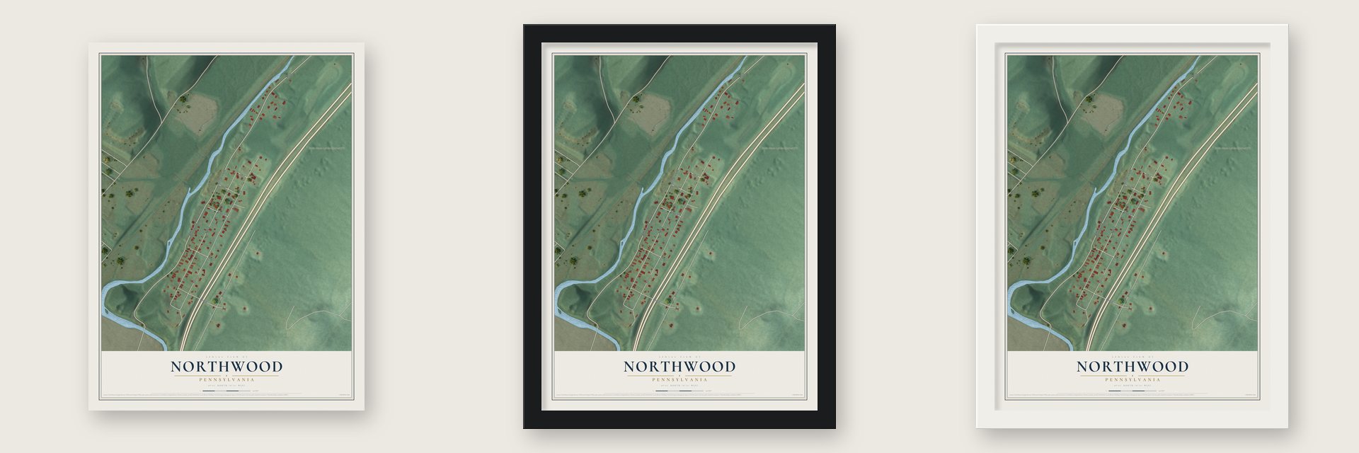 Northwood, Pennsylvania map unframed, in a black wood frame and in a white wood frame