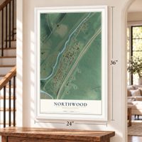 Northwood, Pennsylvania map, 24 x 36 inch print in a white frame by a staircase