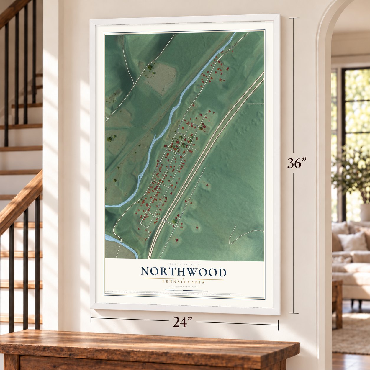 Northwood, Pennsylvania map, 24 x 36 inch print in a white frame by a staircase