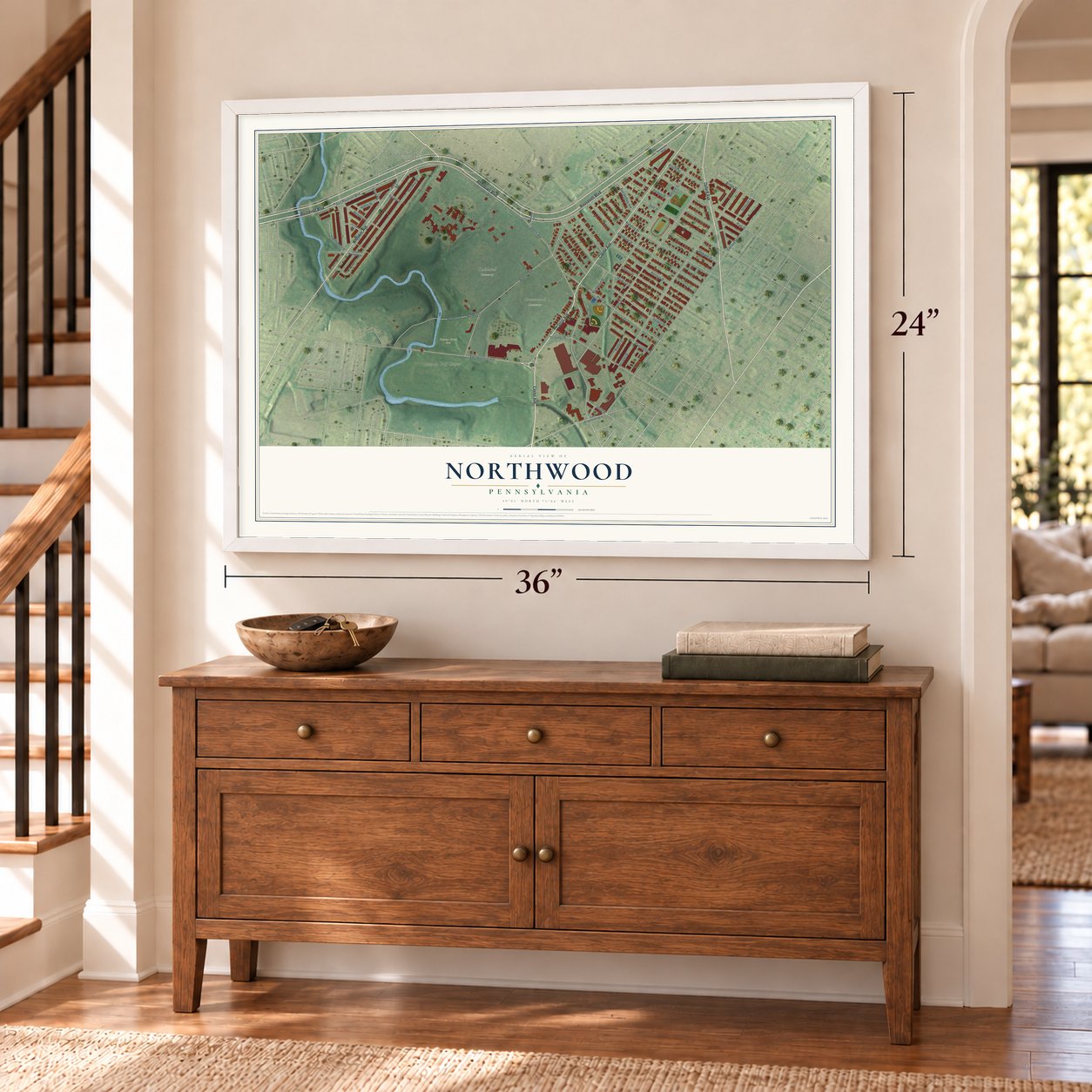Northwood, Philadelphia, Pennsylvania map, 24 x 36 inch print in a white frame above a dresser by a staircase