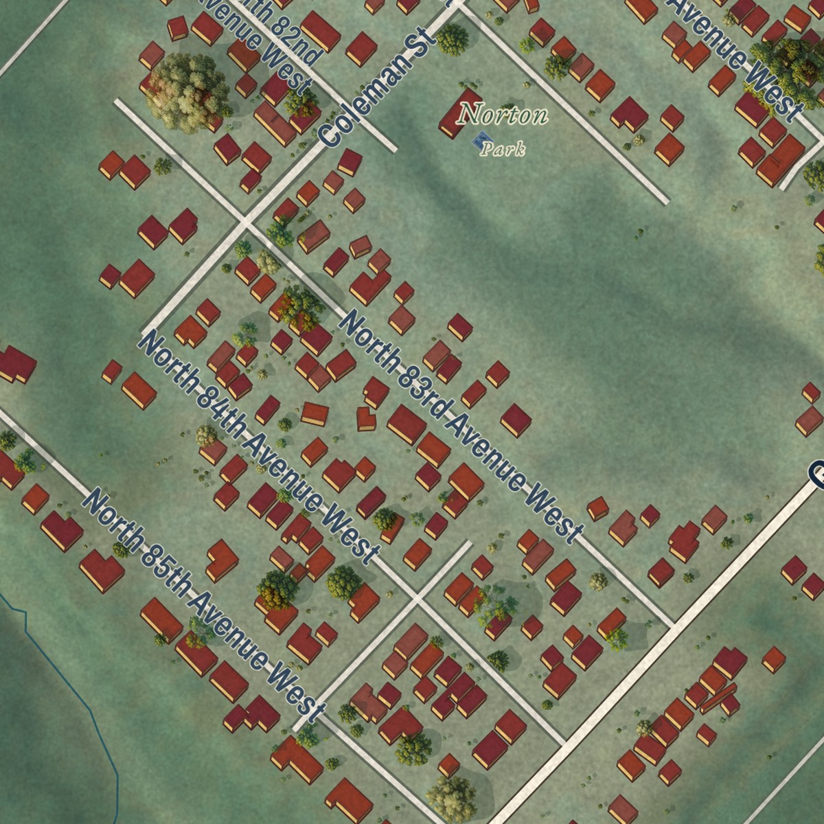 Second close-up of the map of Norton Park, Minnesota print showing more streets and buildings