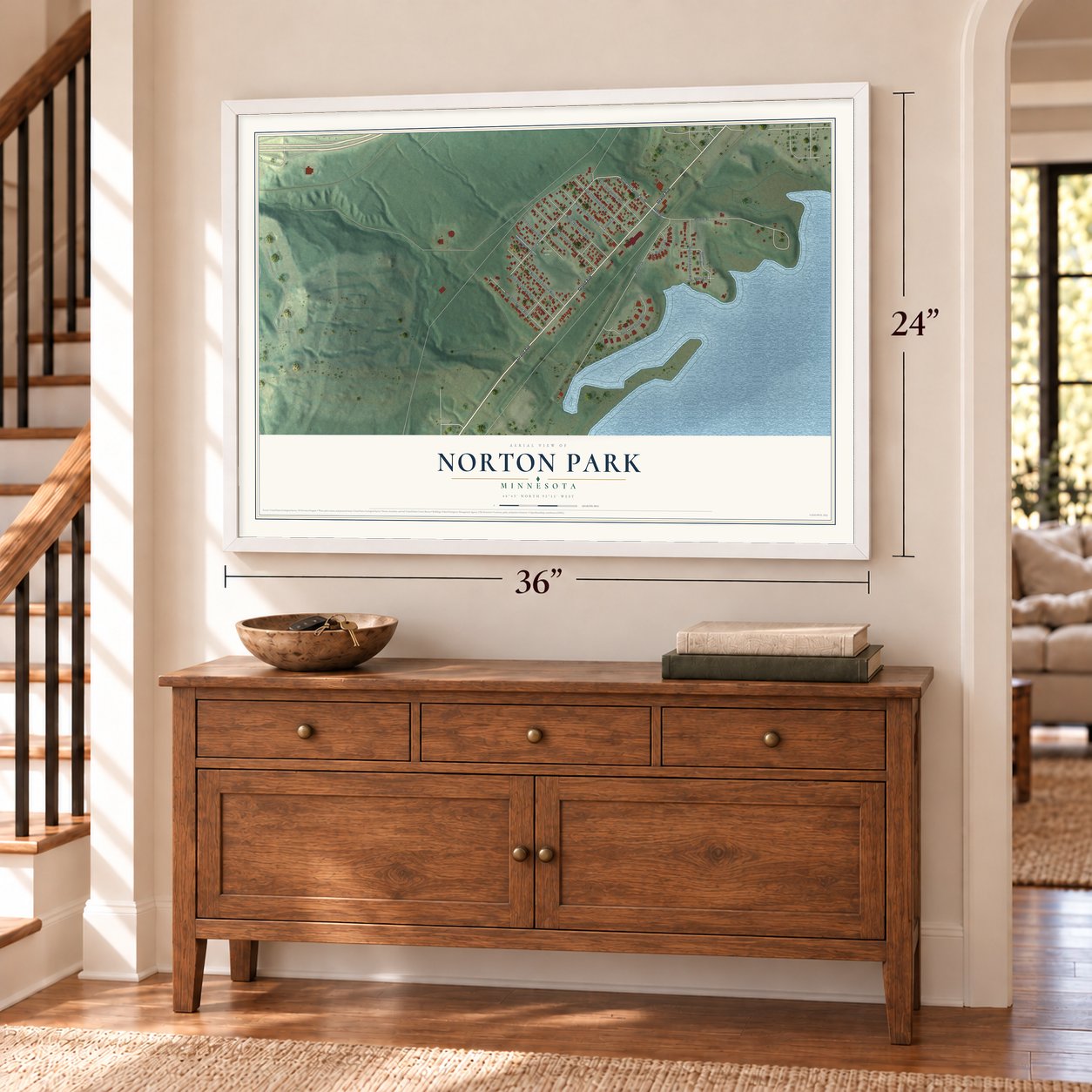Norton Park, Minnesota map, 24 x 36 inch print in a white frame above a dresser by a staircase