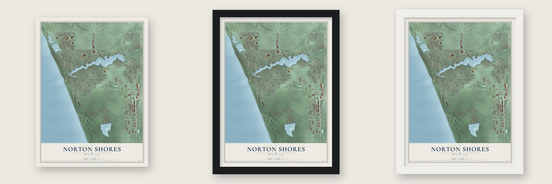Norton Shores, Michigan map unframed, in a black wood frame and in a white wood frame