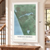 Norton Shores, Michigan map, 24 x 36 inch print in a white frame by a staircase