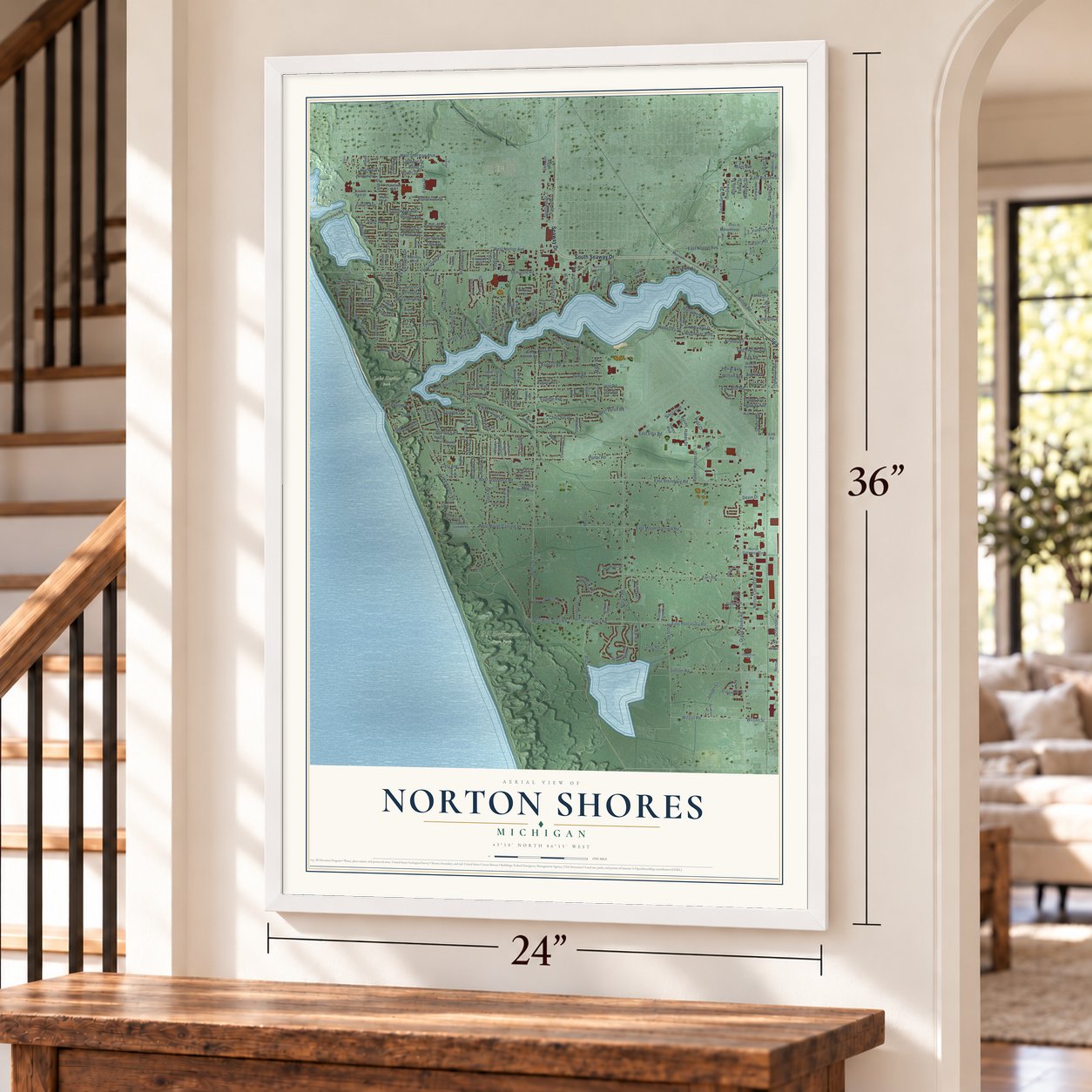 Norton Shores, Michigan map, 24 x 36 inch print in a white frame by a staircase
