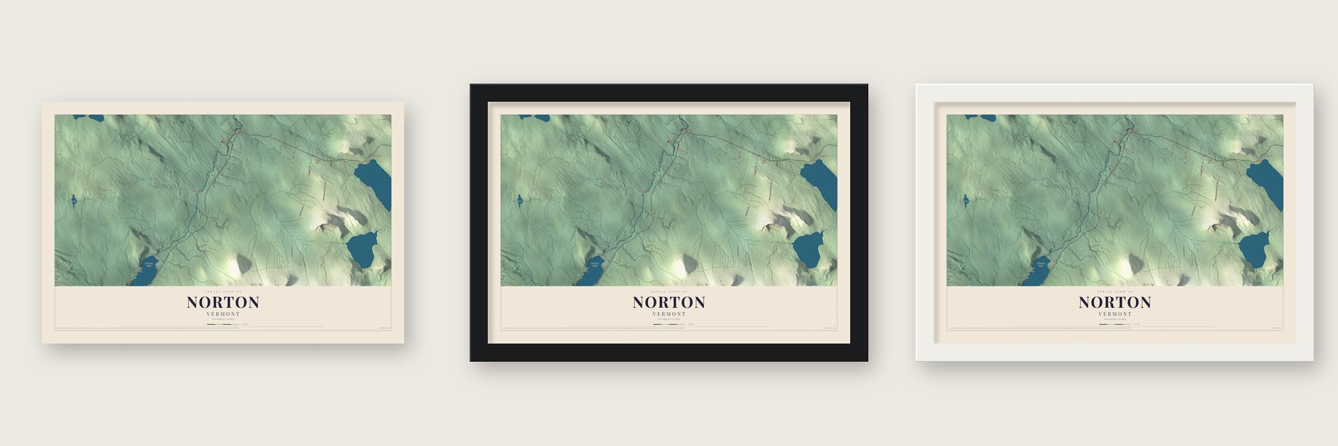 Norton, Vermont map unframed, in a black wood frame and in a white wood frame