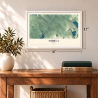 Norton, Vermont map, 12 x 18 inch print in a white frame in an entryway