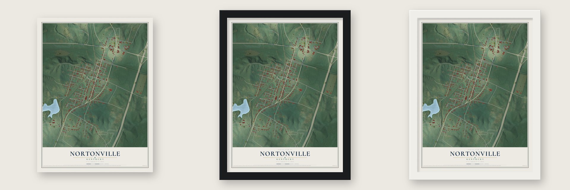 Nortonville, Kentucky map unframed, in a black wood frame and in a white wood frame