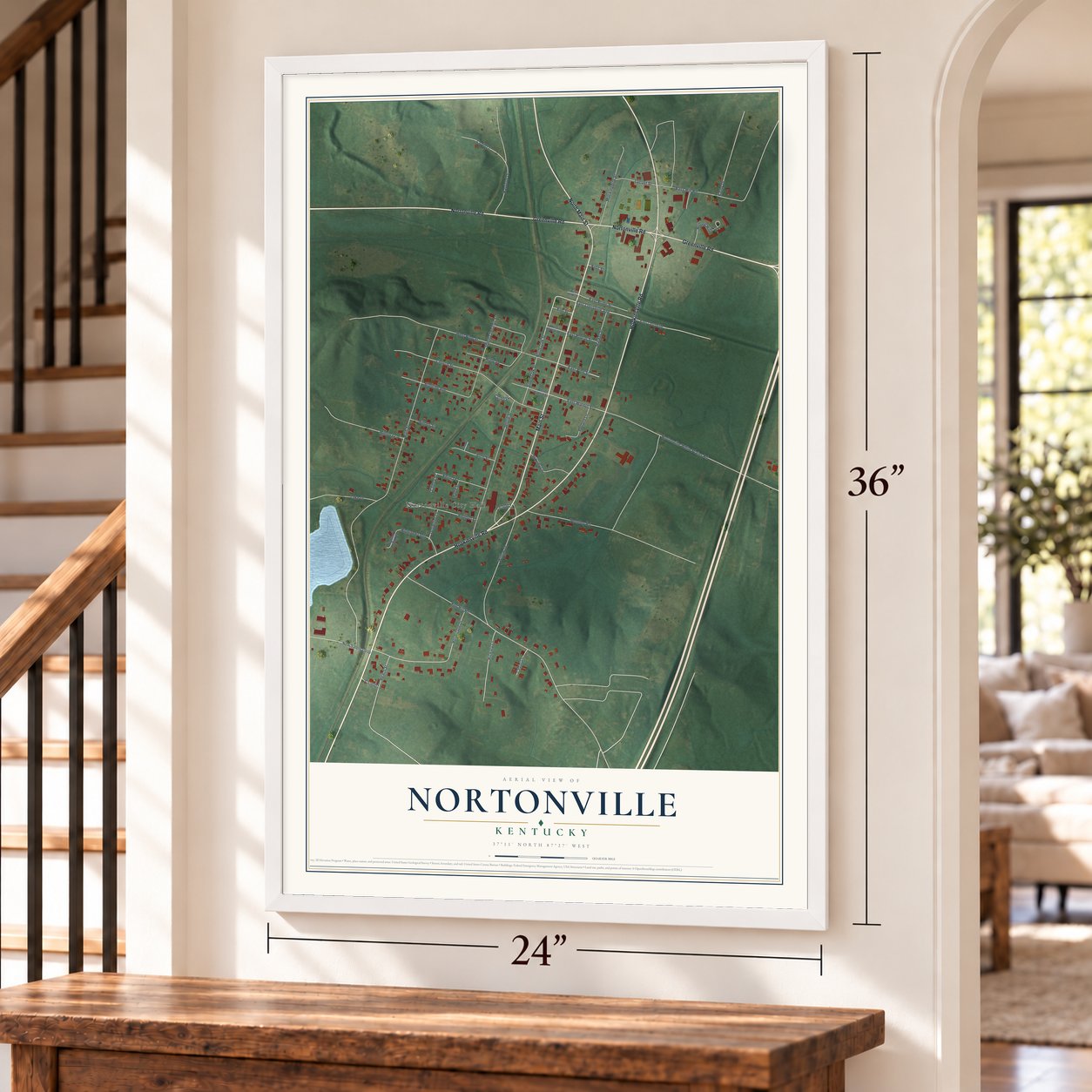 Nortonville, Kentucky map, 24 x 36 inch print in a white frame by a staircase