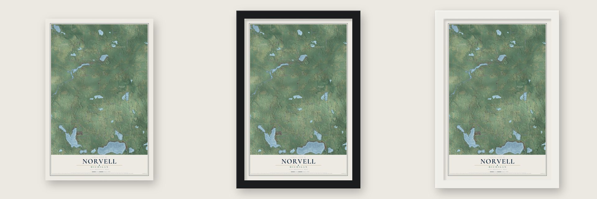 Norvell, Michigan map unframed, in a black wood frame and in a white wood frame
