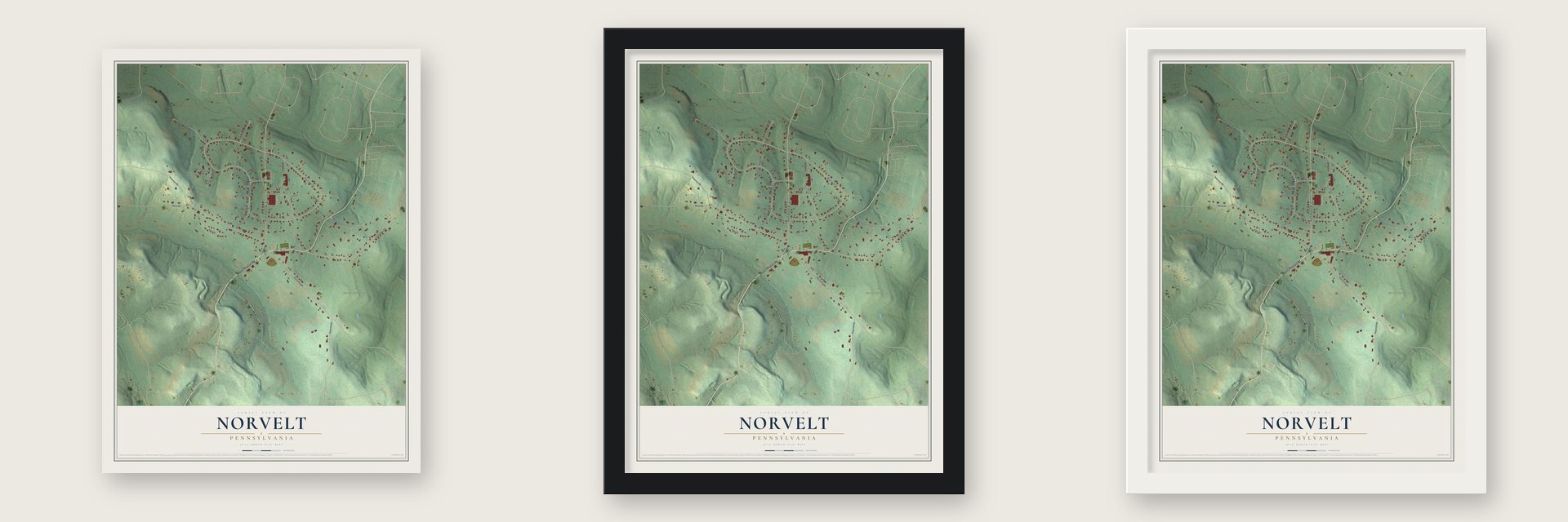 Norvelt, Pennsylvania map unframed, in a black wood frame and in a white wood frame