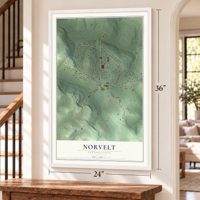 Norvelt, Pennsylvania map, 24 x 36 inch print in a white frame by a staircase