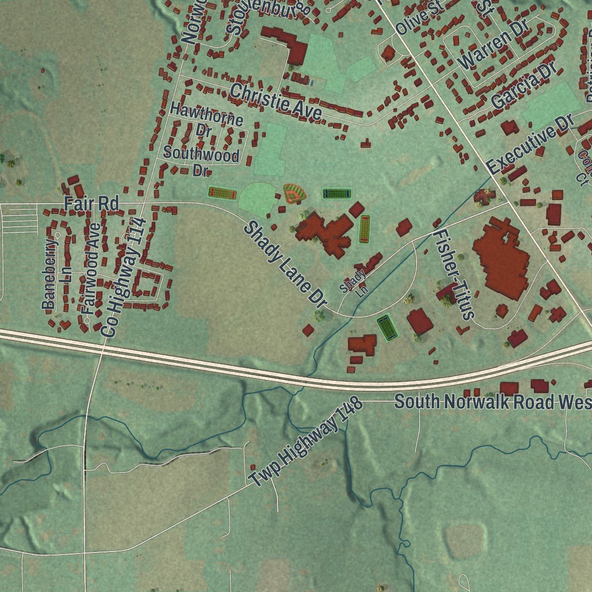 Second close-up of the map of Norwalk, Ohio print showing more streets and buildings