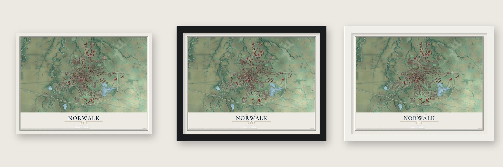 Norwalk, Ohio map unframed, in a black wood frame and in a white wood frame
