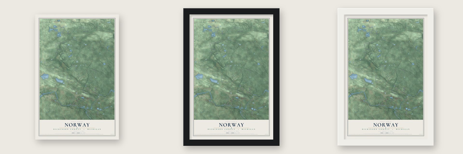 Norway, Dickinson County, Michigan map unframed, in a black wood frame and in a white wood frame