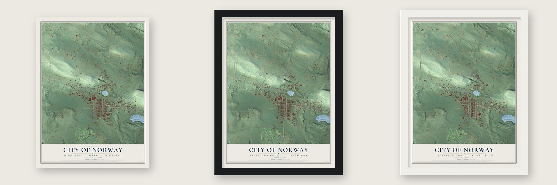 Norway, Michigan map unframed, in a black wood frame and in a white wood frame
