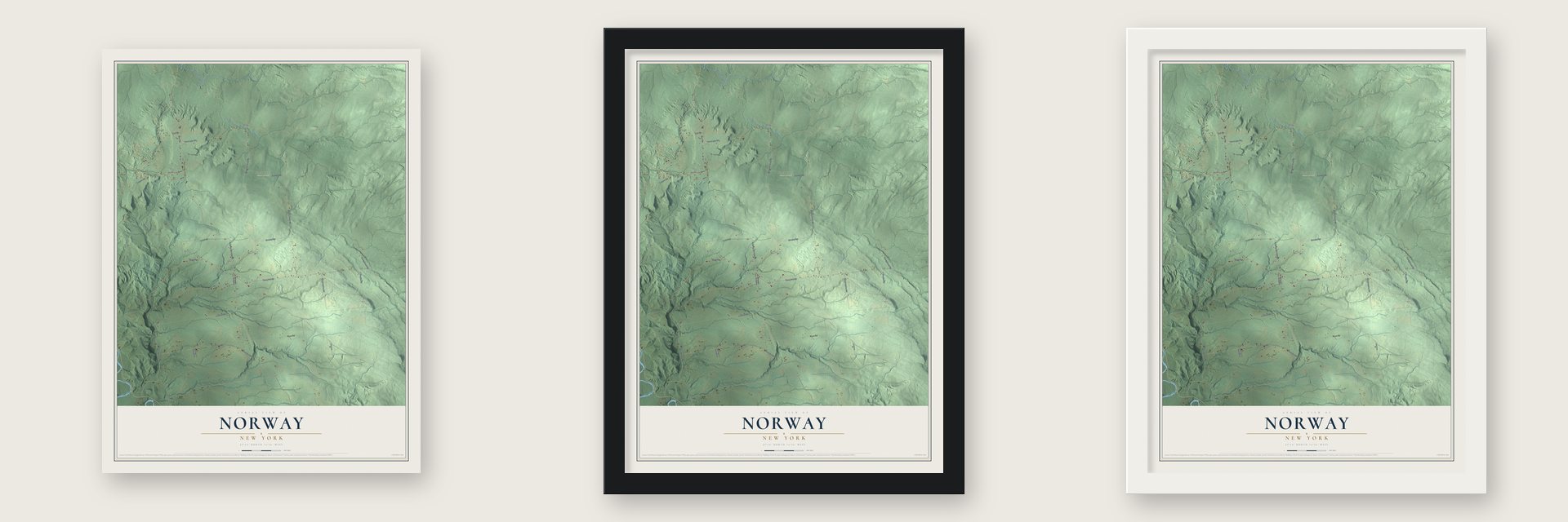 Norway, New York map unframed, in a black wood frame and in a white wood frame