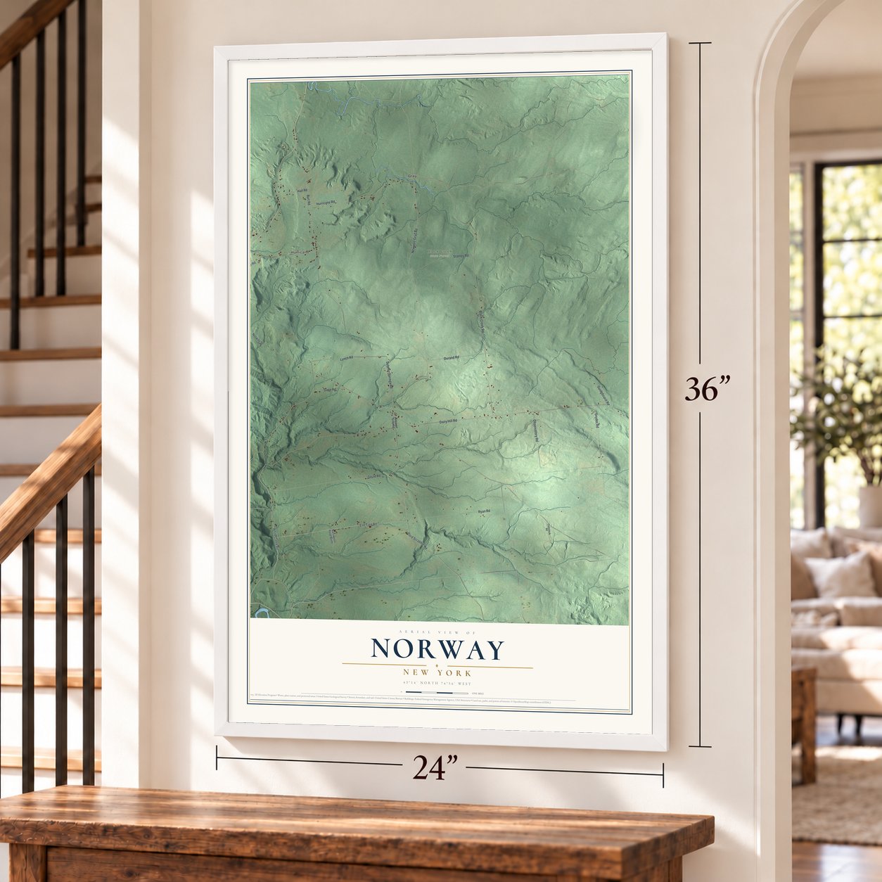 Norway, New York map, 24 x 36 inch print in a white frame by a staircase