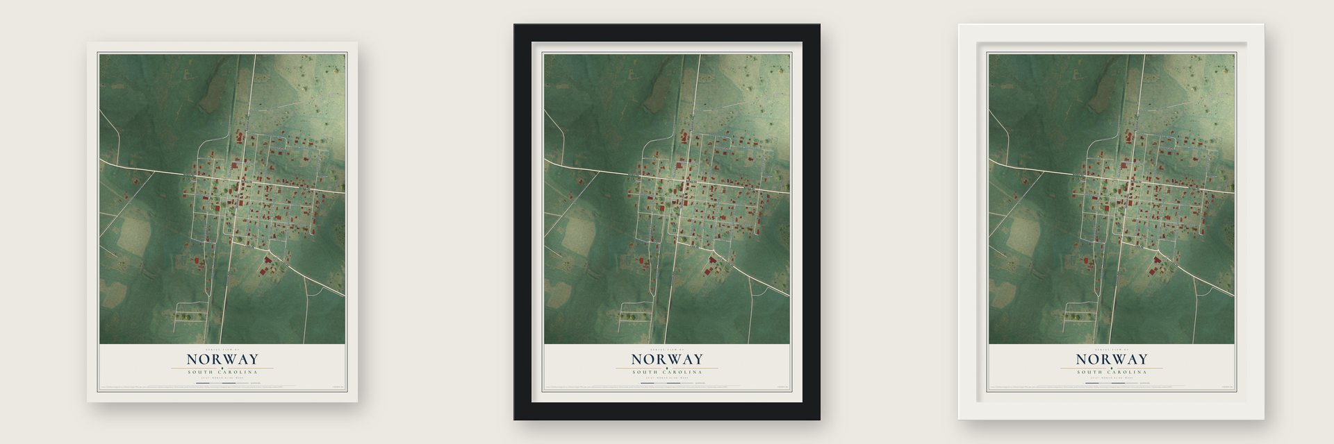 Norway, South Carolina map unframed, in a black wood frame and in a white wood frame
