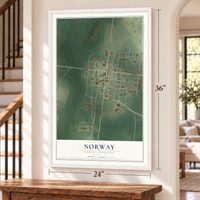 Norway, South Carolina map, 24 x 36 inch print in a white frame by a staircase