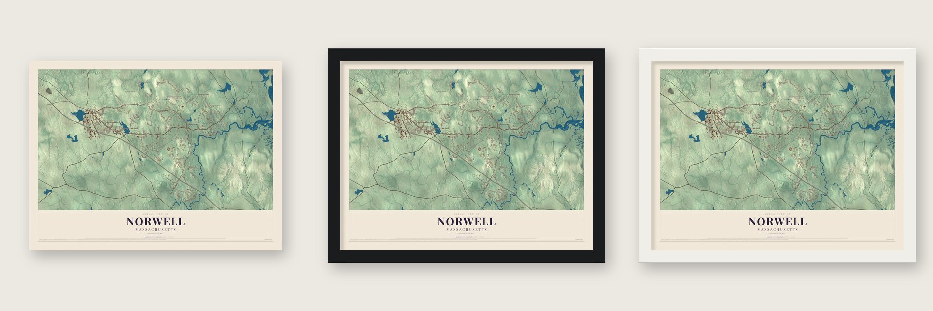 Norwell, Massachusetts map unframed, in a black wood frame and in a white wood frame