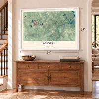 Norwell, Massachusetts map, 24 x 36 inch print in a white frame above a dresser by a staircase
