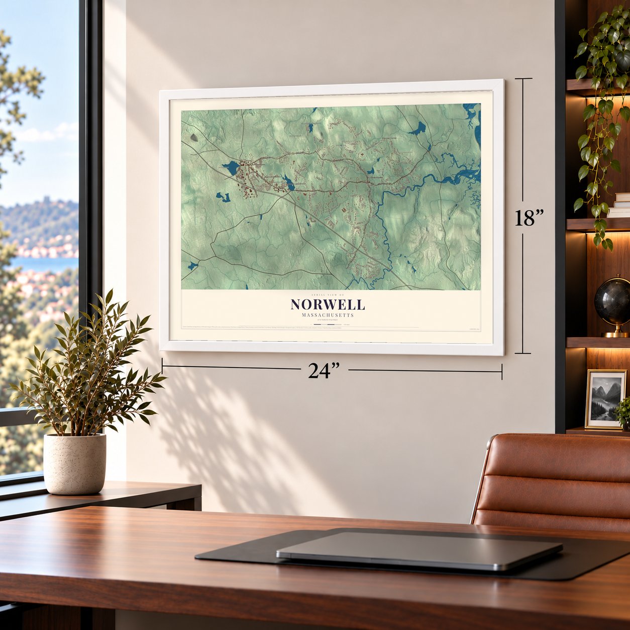 Norwell, Massachusetts map, 18 x 24 inch print in a white frame in a home office