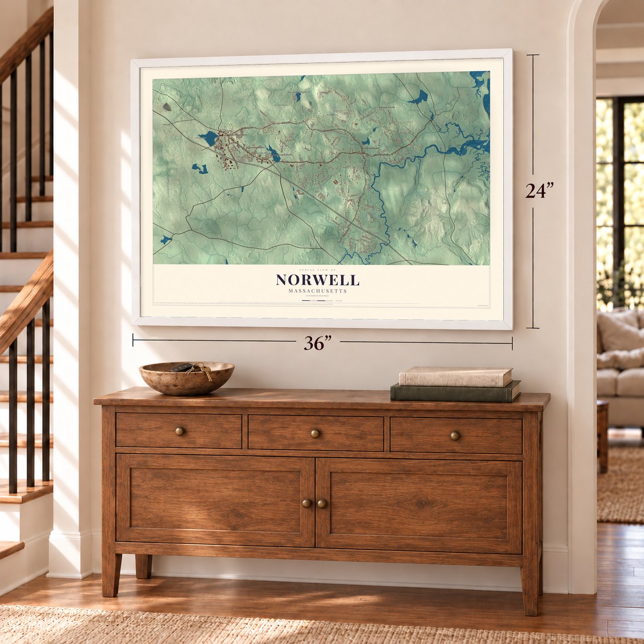 Norwell, Massachusetts map, 24 x 36 inch print in a white frame above a dresser by a staircase