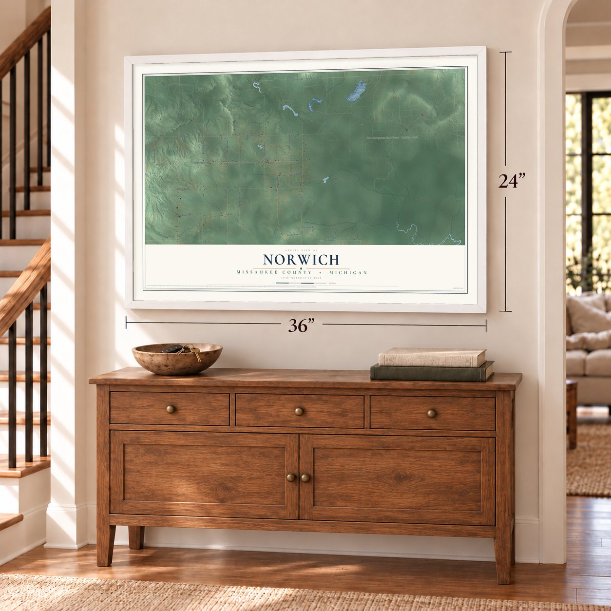 Norwich, Missaukee County, Michigan map, 24 x 36 inch print in a white frame above a dresser by a staircase