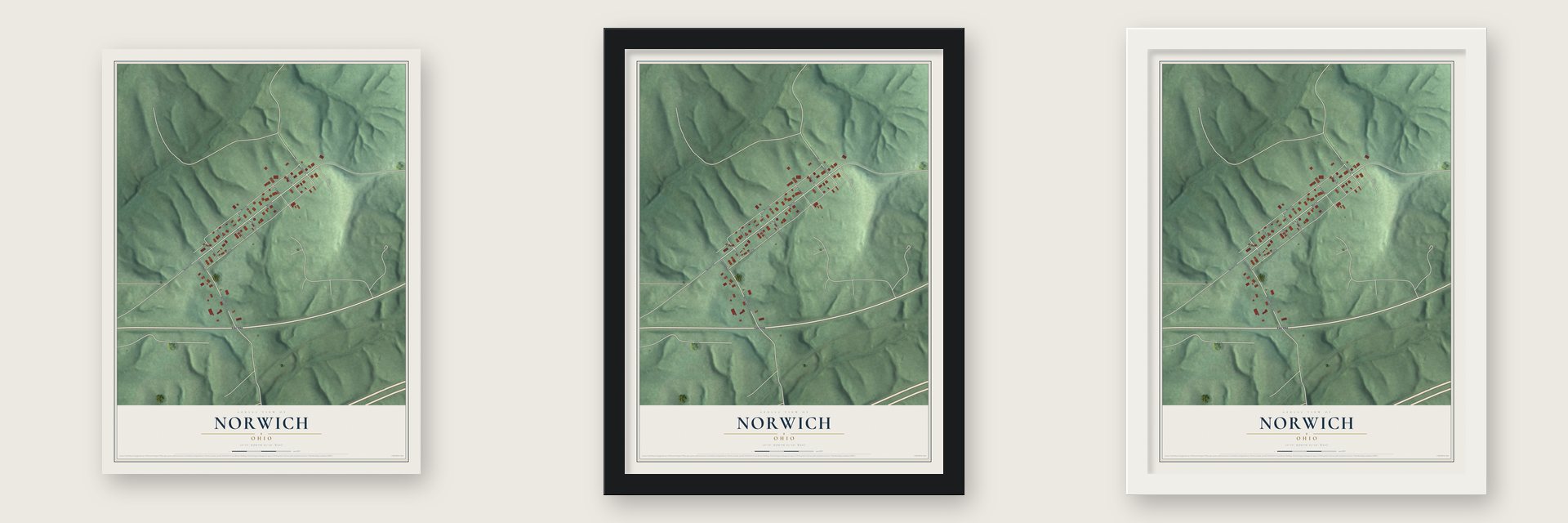 Norwich, Ohio map unframed, in a black wood frame and in a white wood frame