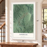 Norwich, Ohio map, 24 x 36 inch print in a white frame by a staircase