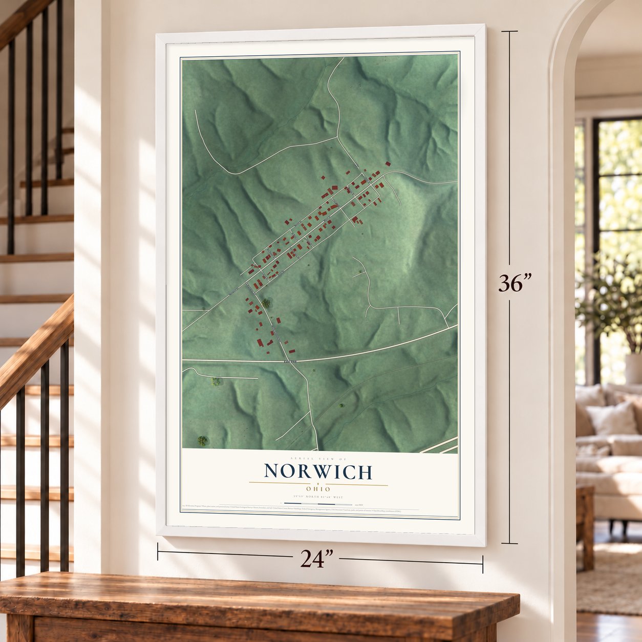 Norwich, Ohio map, 24 x 36 inch print in a white frame by a staircase