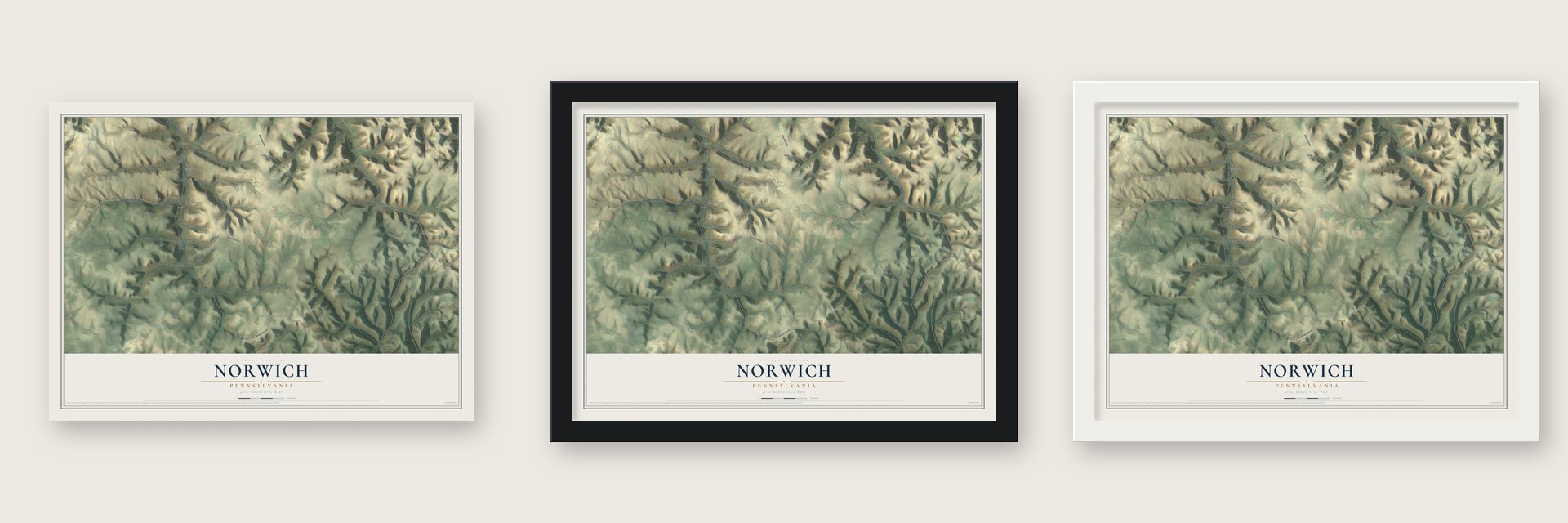 Norwich, Pennsylvania map unframed, in a black wood frame and in a white wood frame