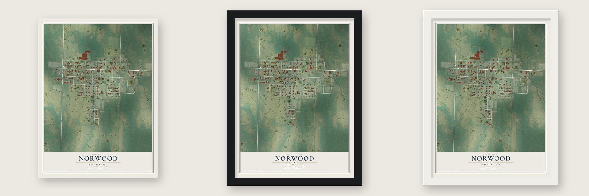 Norwood, Colorado map unframed, in a black wood frame and in a white wood frame