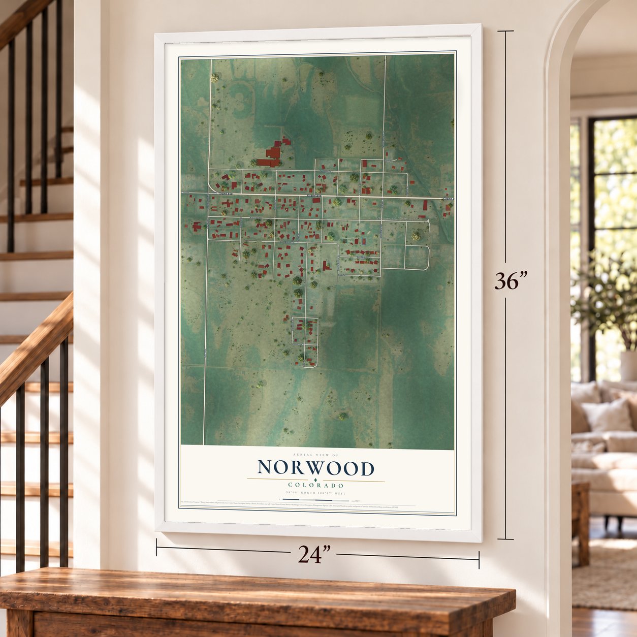 Norwood, Colorado map, 24 x 36 inch print in a white frame by a staircase