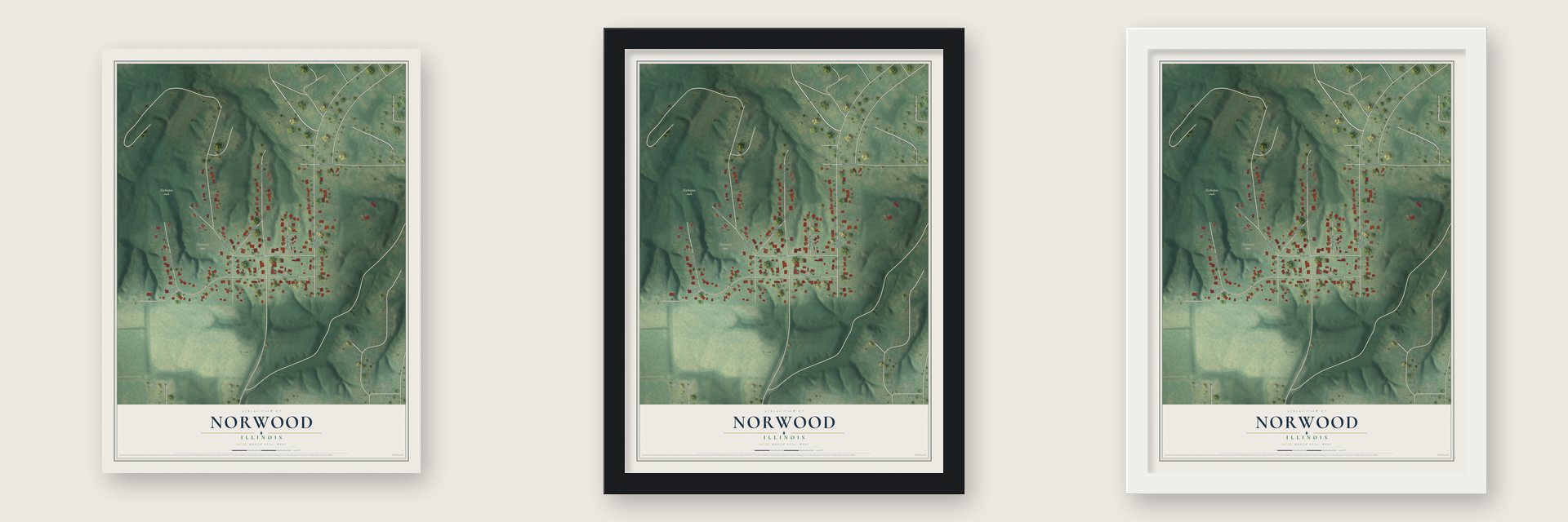 Norwood, Illinois map unframed, in a black wood frame and in a white wood frame