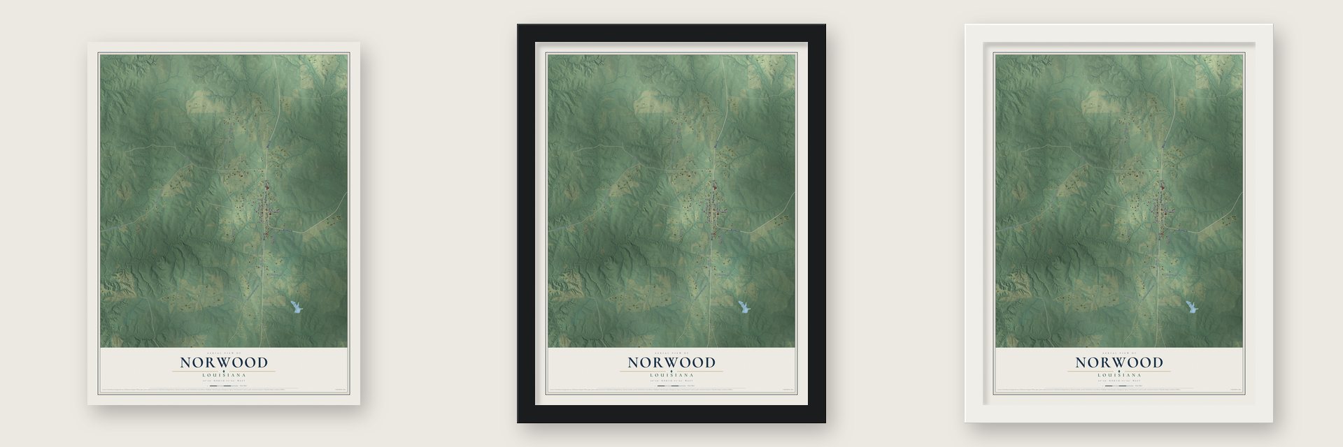Norwood, Louisiana map unframed, in a black wood frame and in a white wood frame