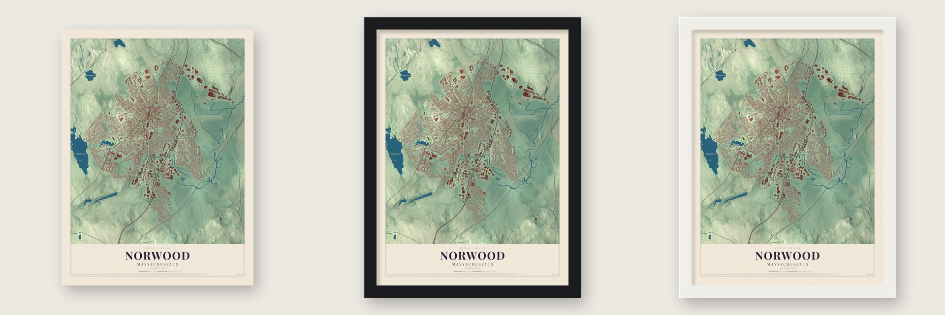 Norwood, Massachusetts map unframed, in a black wood frame and in a white wood frame
