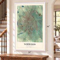 Norwood, Massachusetts map, 24 x 36 inch print in a white frame by a staircase