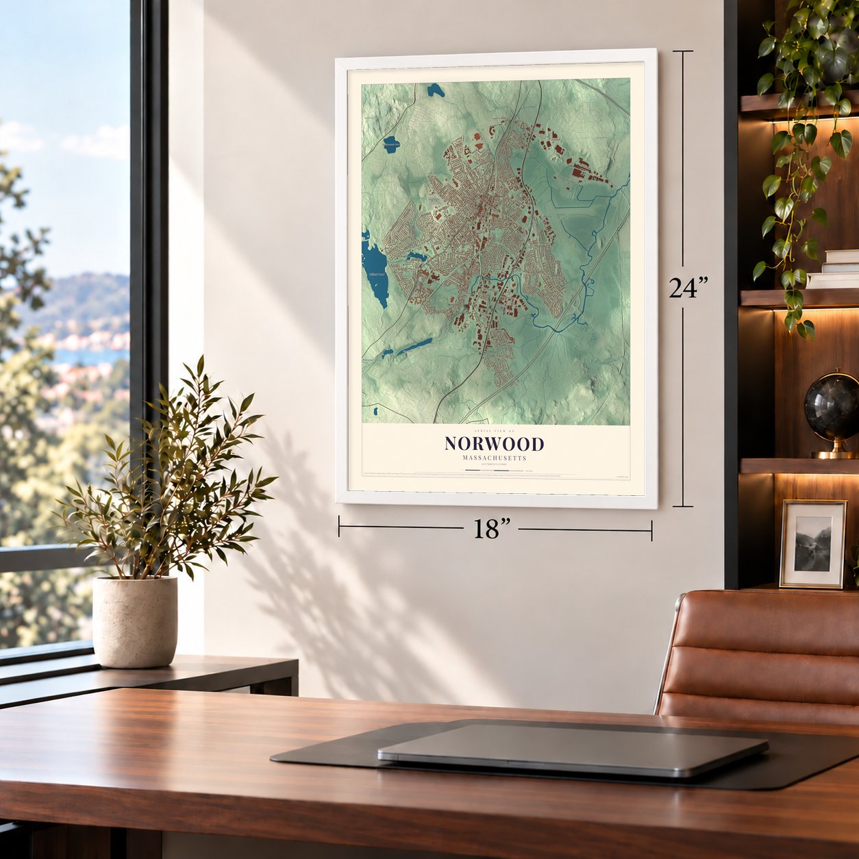 Norwood, Massachusetts map, 18 x 24 inch print in a white frame in a home office