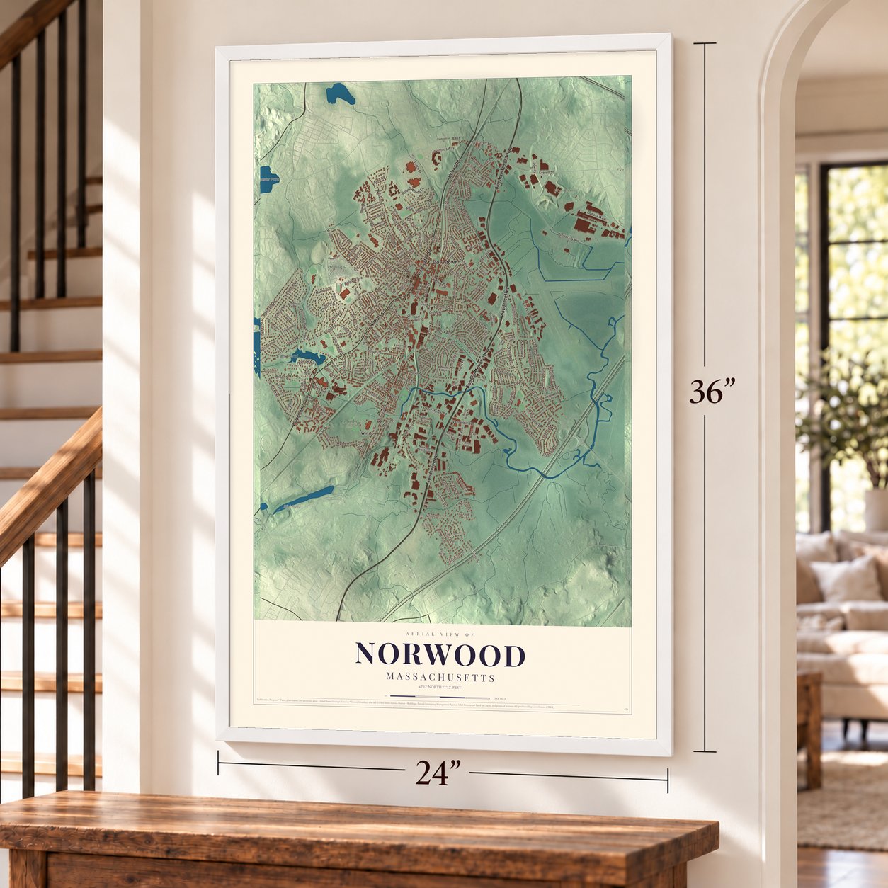 Norwood, Massachusetts map, 24 x 36 inch print in a white frame by a staircase