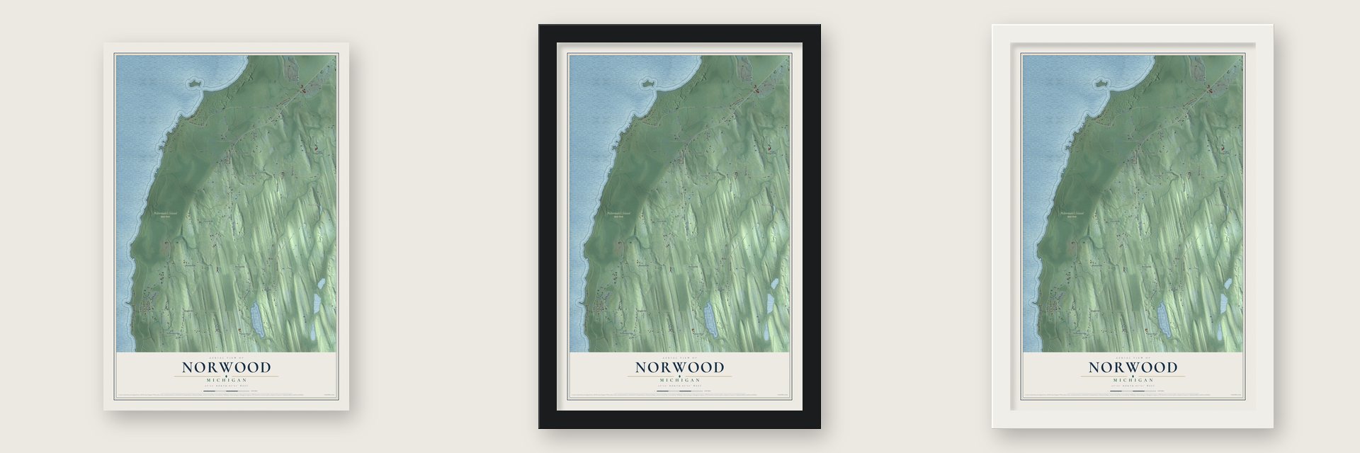 Norwood, Michigan map unframed, in a black wood frame and in a white wood frame