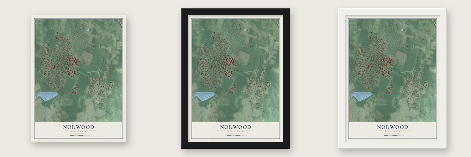 Norwood, New Jersey map unframed, in a black wood frame and in a white wood frame