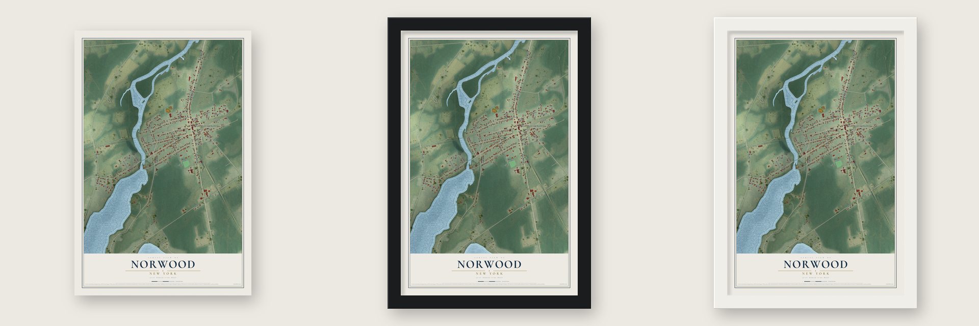Norwood, New York map unframed, in a black wood frame and in a white wood frame