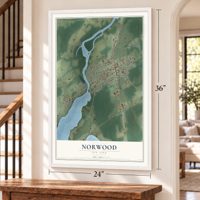 Norwood, New York map, 24 x 36 inch print in a white frame by a staircase