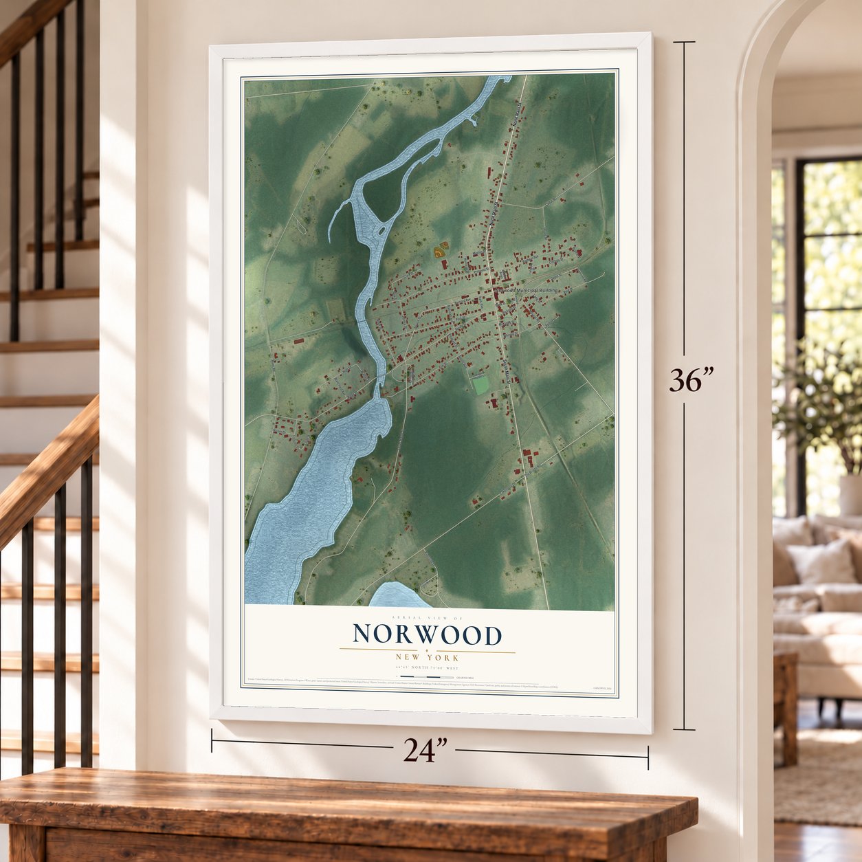 Norwood, New York map, 24 x 36 inch print in a white frame by a staircase