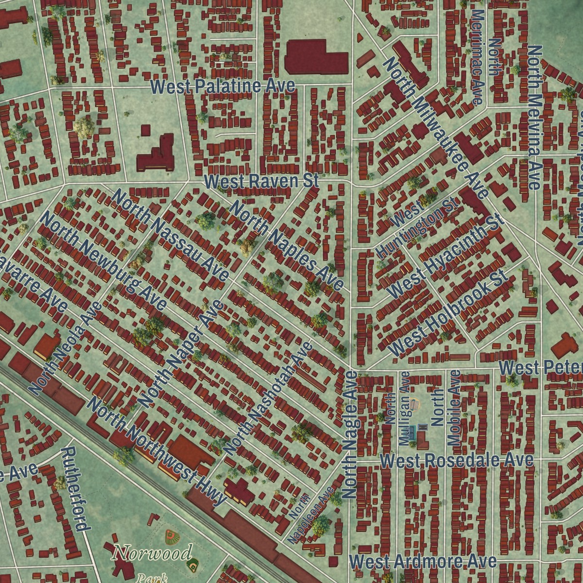 Second close-up of the map of Norwood Park, Illinois print showing more streets and buildings