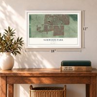 Norwood Park, Illinois map, 12 x 18 inch print in a white frame in an entryway